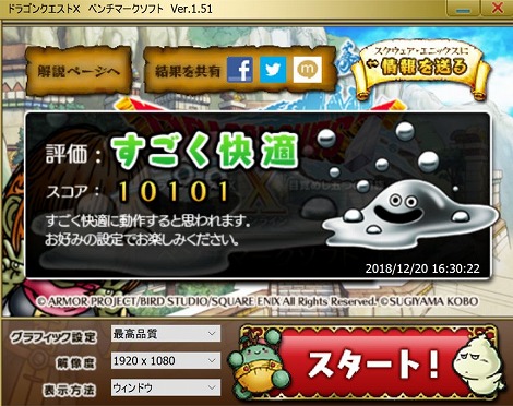 Spectre x360 15のドラゴンクエストXのベンチマークソフトのスコア